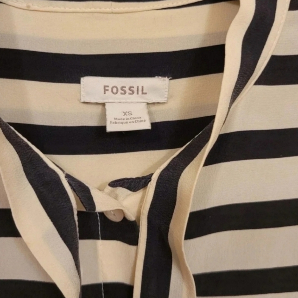 Fossil Silk Tie Neck Striped Blouse Cream Black Size XS - Picture 4 of 8